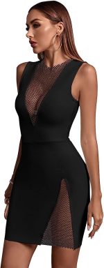 UONBOX Women's Bandage V Neck Bodycon Sleeveless Split Mini Party Club Dress - Image 3